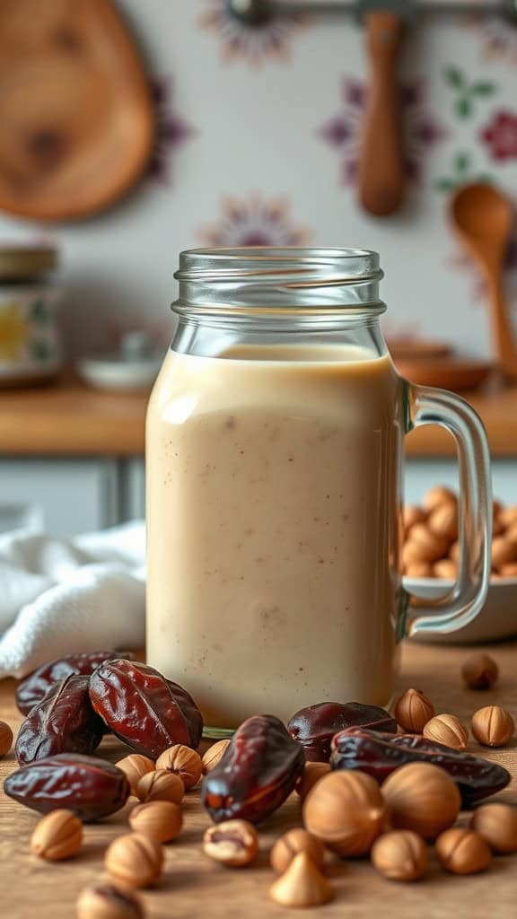 A jar of dairy-free hazelnut date coffee creamer surrounded by hazelnuts and dates on a wooden surface.