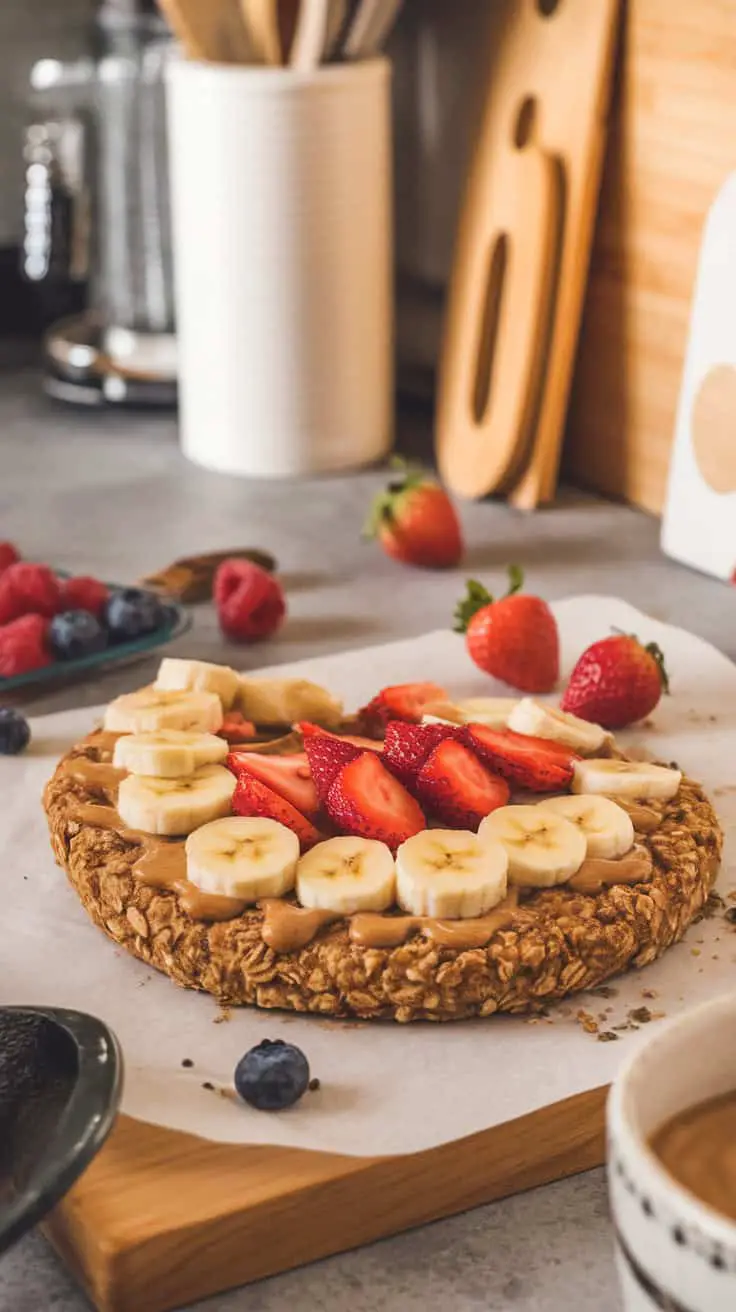 Dairy-free oatmeal flatbread topped with banana slices and strawberries on a kitchen counter.