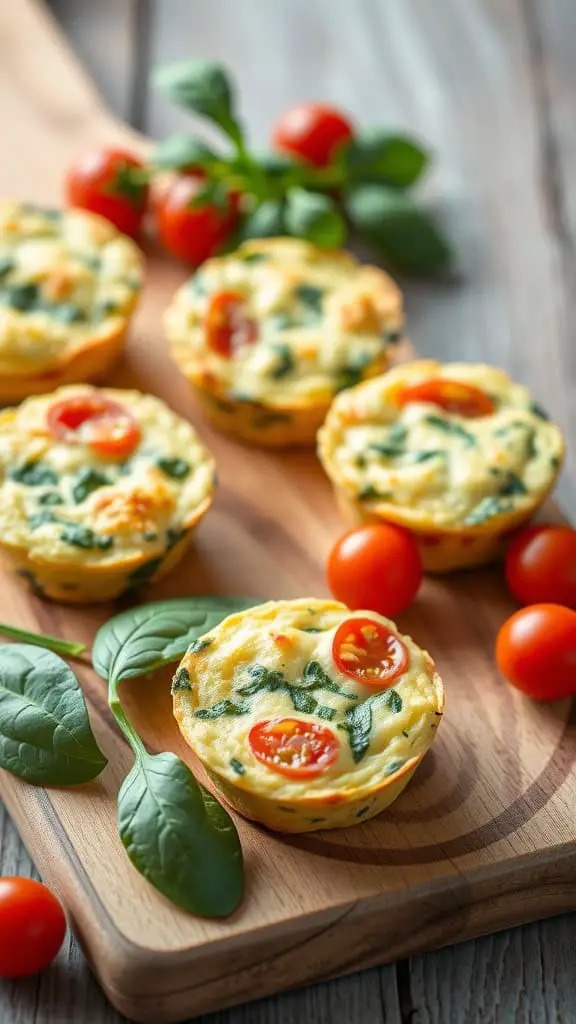 A wooden platter with dairy-free spinach and tomato egg muffin bites, surrounded by fresh spinach and cherry tomatoes.