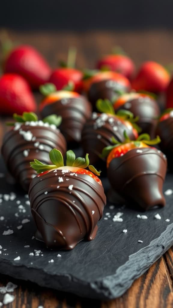 Dark chocolate-covered strawberries with sea salt sprinkled on top