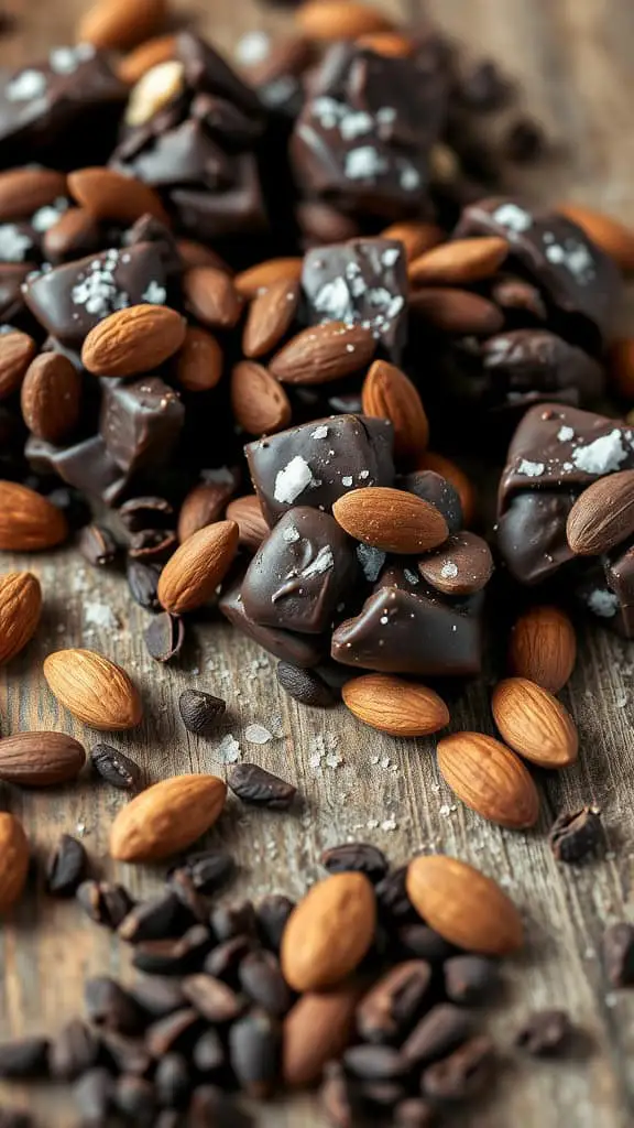 A close-up of dark chocolate almond clusters with scattered almonds and coffee beans.