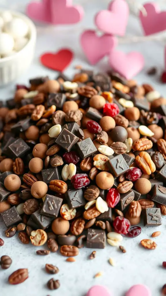 A colorful display of dark chocolate energy mix with nuts, seeds, and dried fruits, surrounded by heart-shaped decorations.