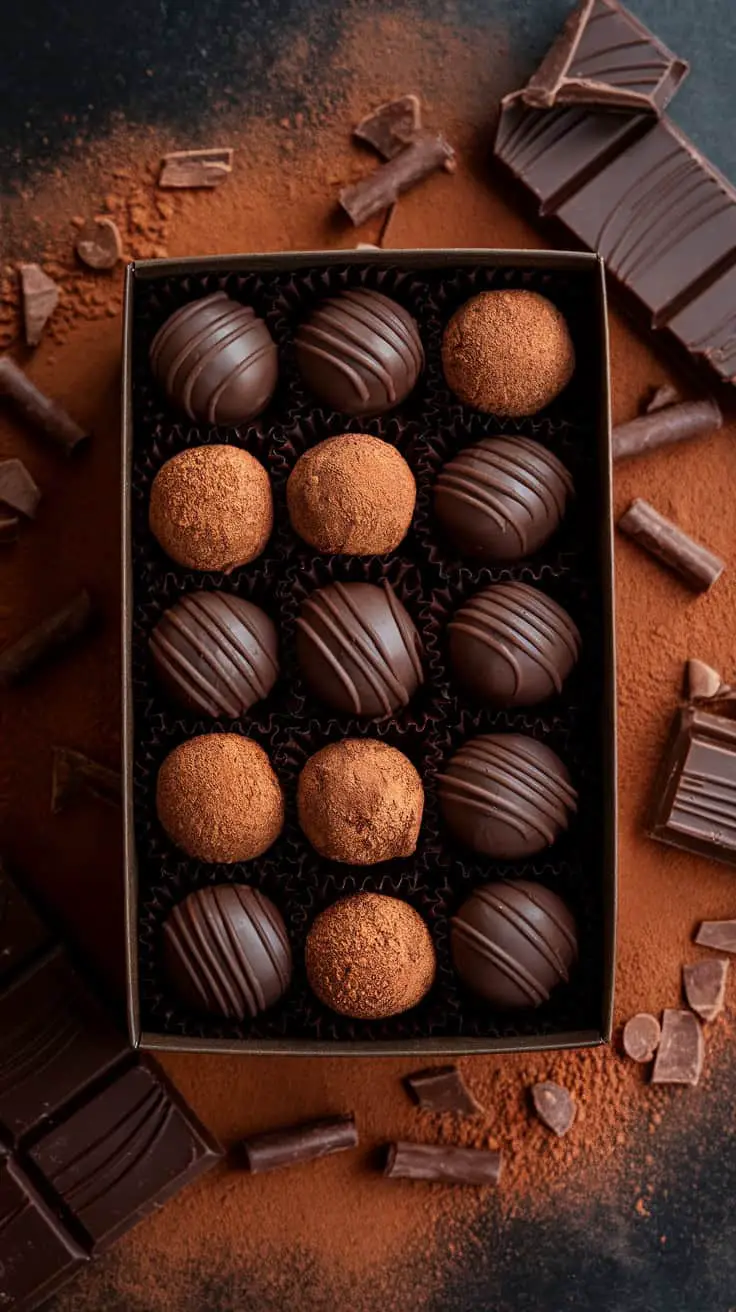 A box of dark chocolate nougat truffles arranged neatly, with some truffles coated in cocoa powder and others drizzled with chocolate, surrounded by chocolate pieces.