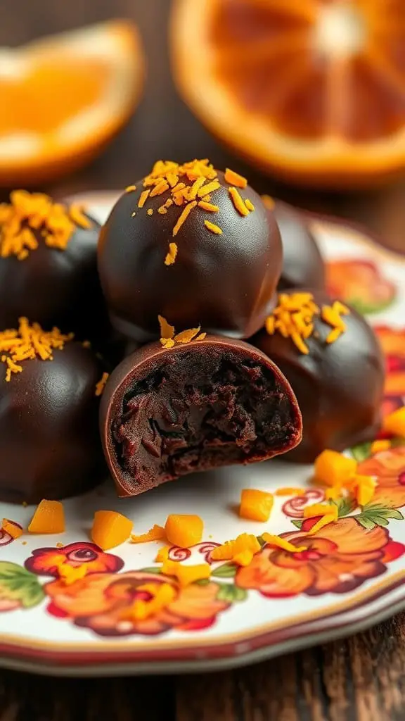 Dark Chocolate Orange Coffee Truffles on a decorative plate with orange zest and pieces of orange