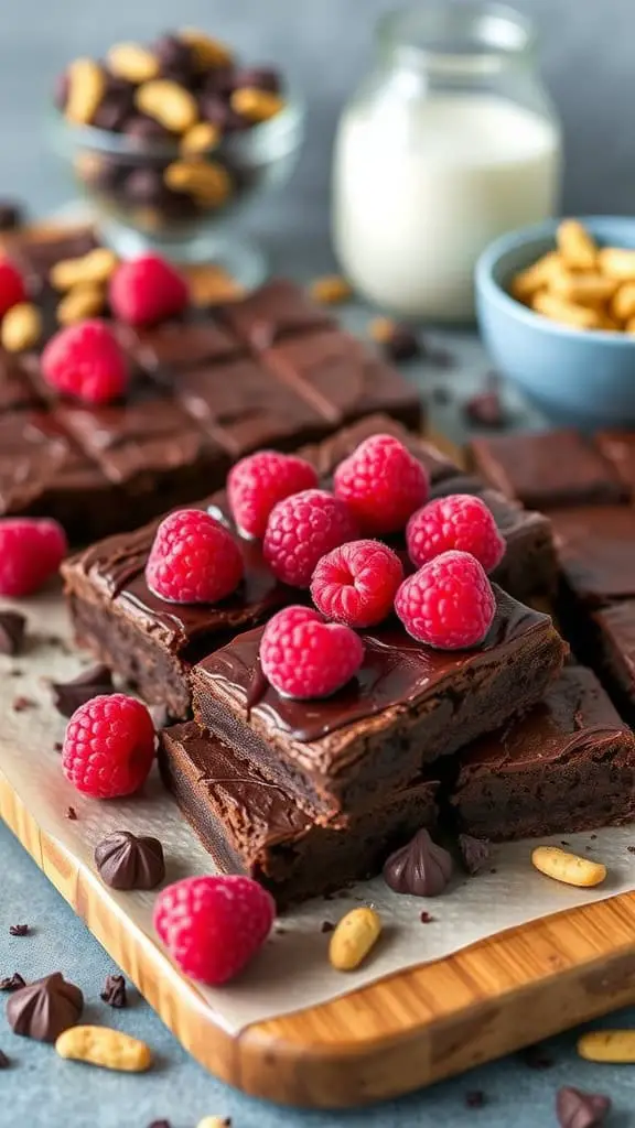 A delicious platter of dark chocolate raspberry brownies topped with fresh raspberries, surrounded by nuts and a glass of milk.