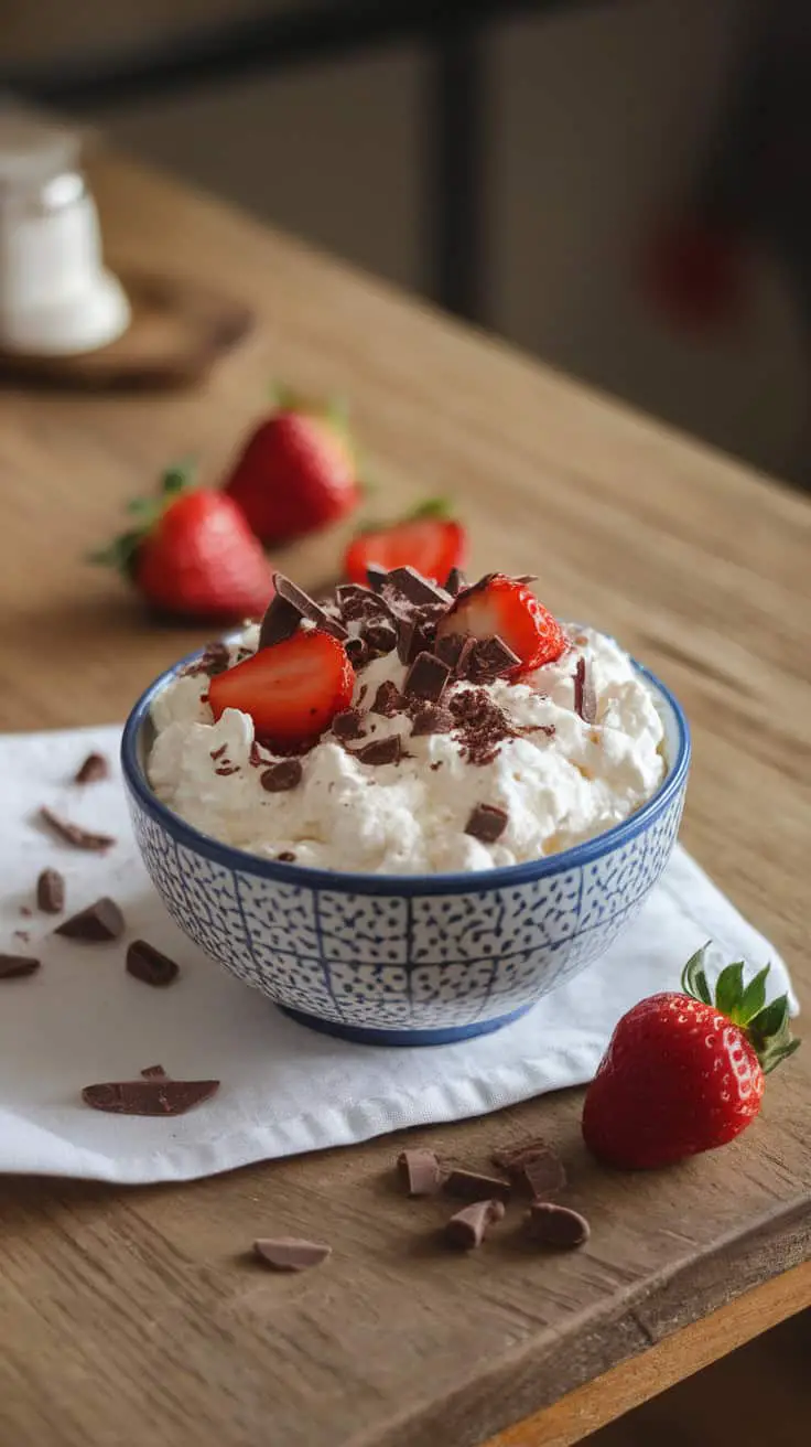 A bowl of whipped cream topped with dark chocolate shavings and fresh strawberries on a wooden table.