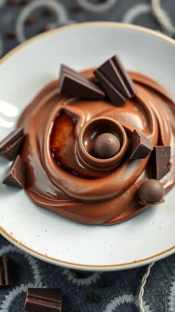 Plate of dark roast coffee chocolate mousse decorated with chocolate pieces