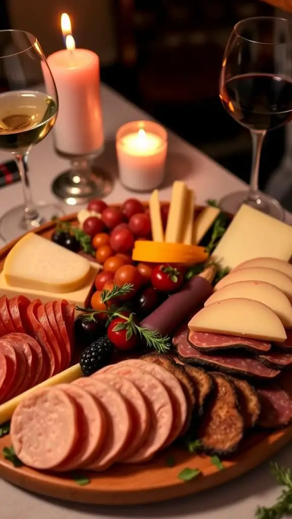 A romantic charcuterie board with assorted meats, cheeses, and fruits for a date night setting.