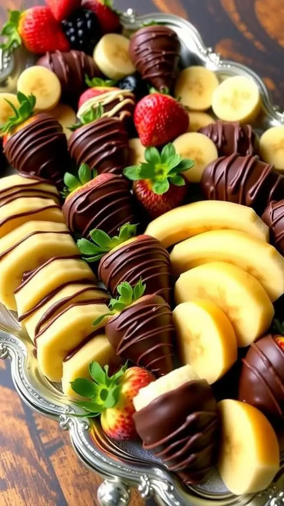 A silver tray filled with chocolate-covered strawberries, bananas, and blackberries.