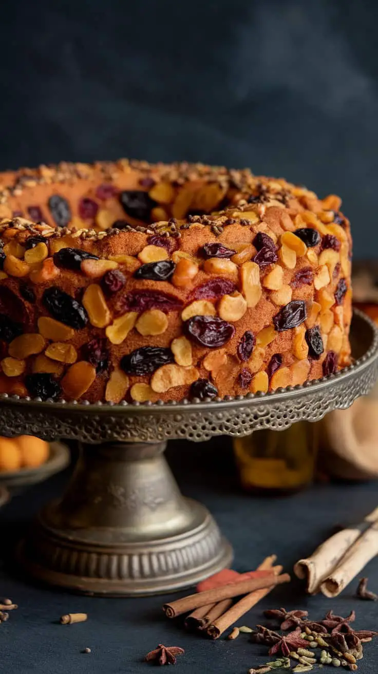 A beautifully decorated fruit cake topped with dried fruits on a silver cake stand.