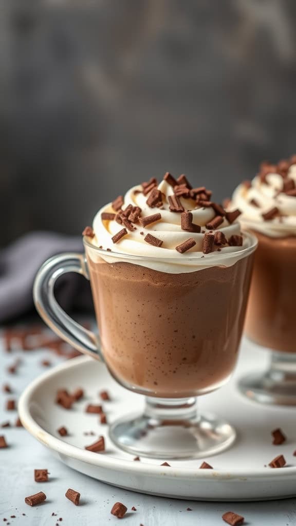 Two cups of decaf coffee chocolate mousse topped with whipped cream and chocolate chips, served on a white plate.