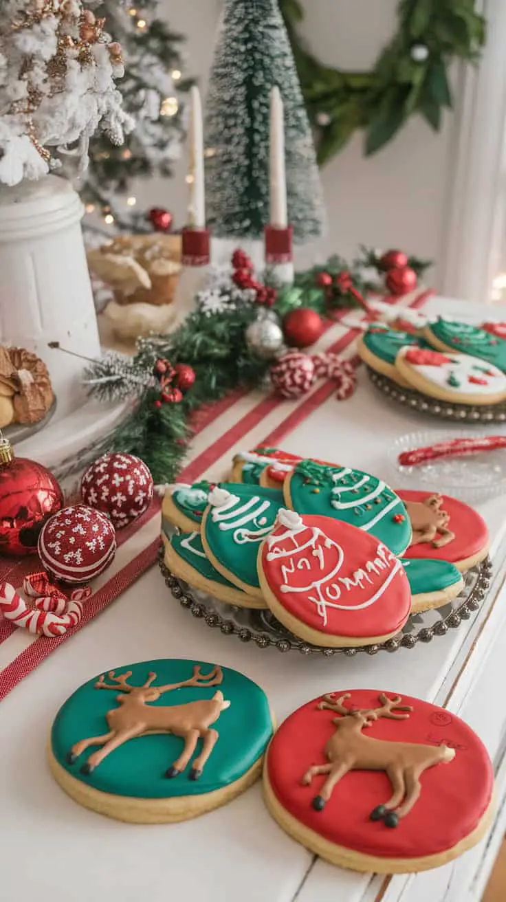 Decorated sugar cookies with royal icing, featuring festive designs and colors, placed on a decorated table for Christmas.