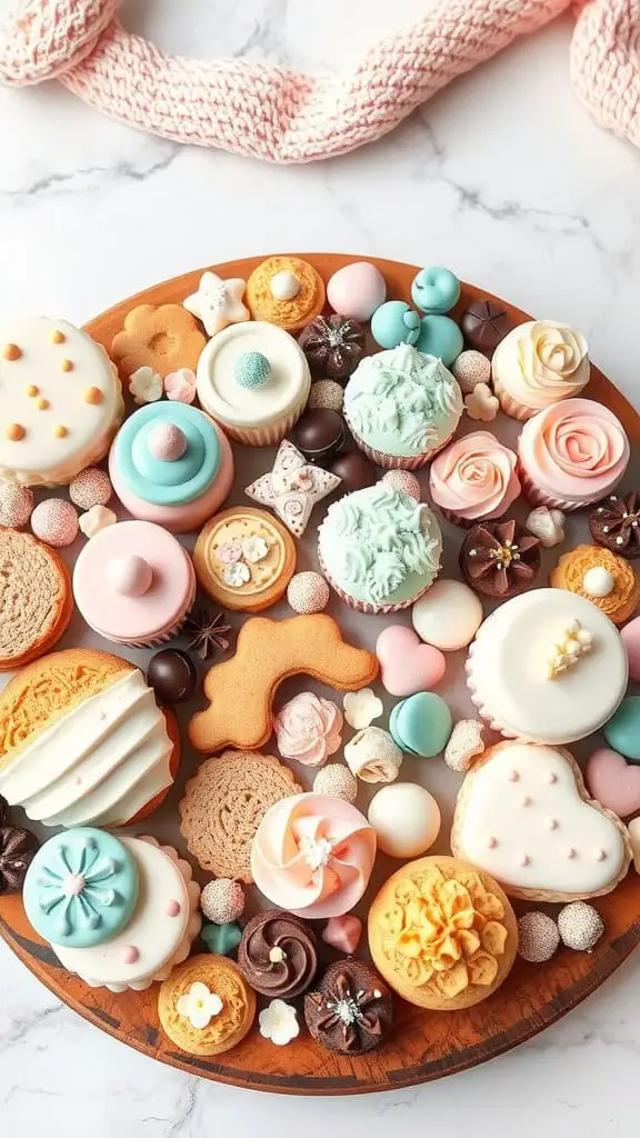 A beautifully arranged dessert board featuring colorful cupcakes, cookies, and confections.