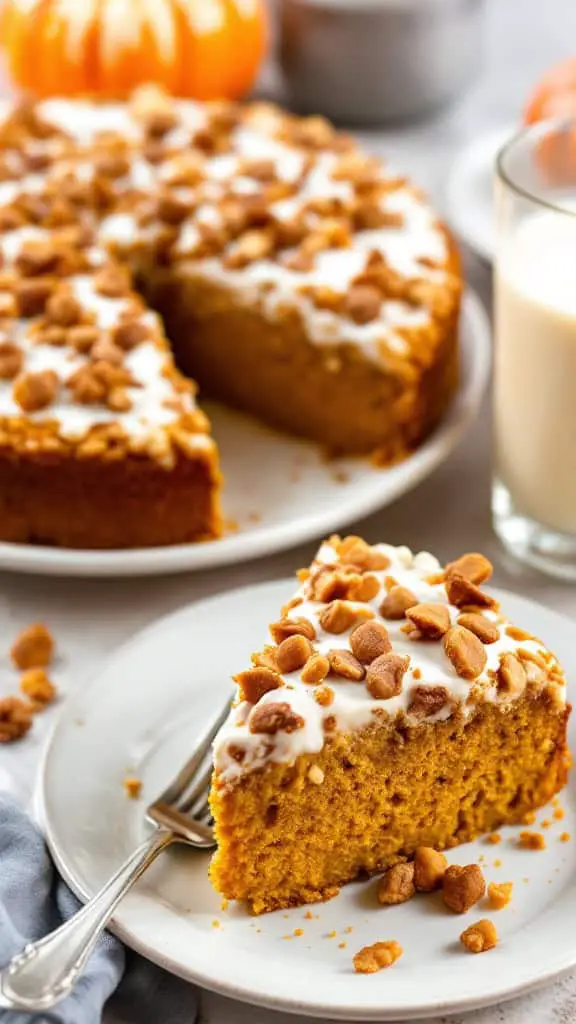 A slice of pumpkin crunch cake topped with toffee bits, beside a glass of milk.