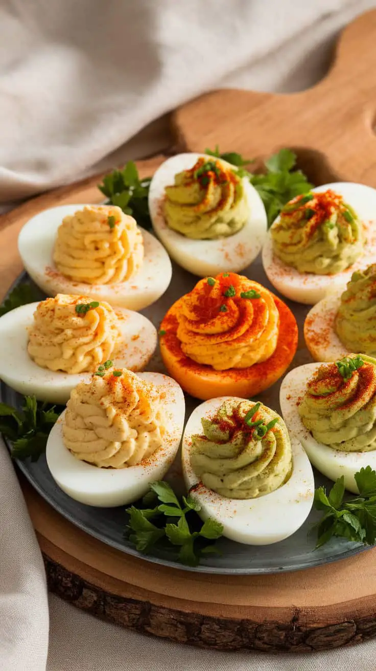 A platter of deviled eggs featuring classic, spicy, and avocado flavors, garnished with herbs.