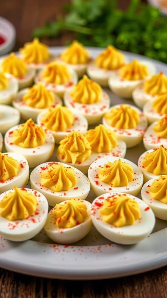 A plate of deviled eggs garnished with paprika, arranged neatly for a gathering