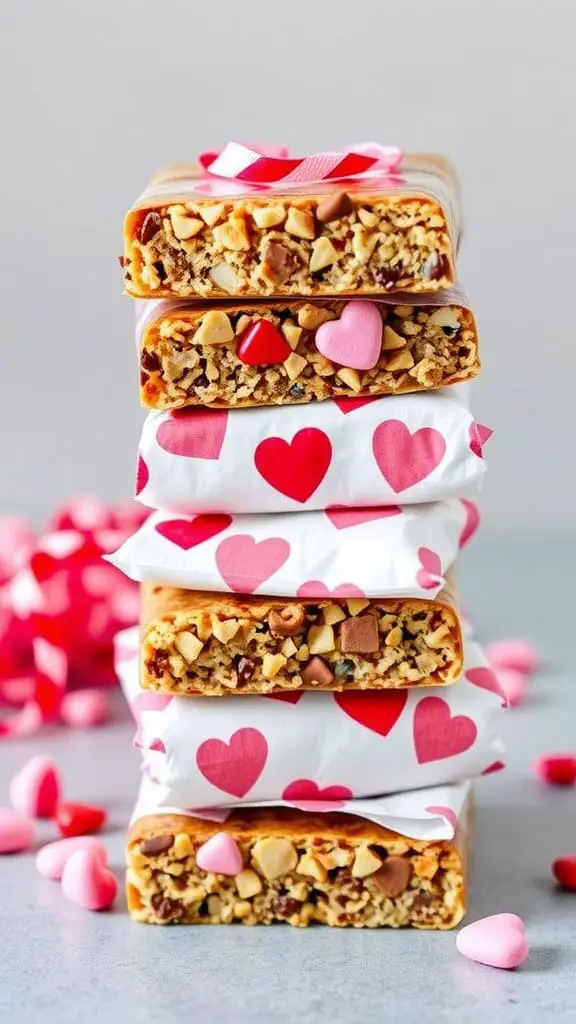 A stack of heart-themed energy bars wrapped in love-inspired paper with heart decorations.