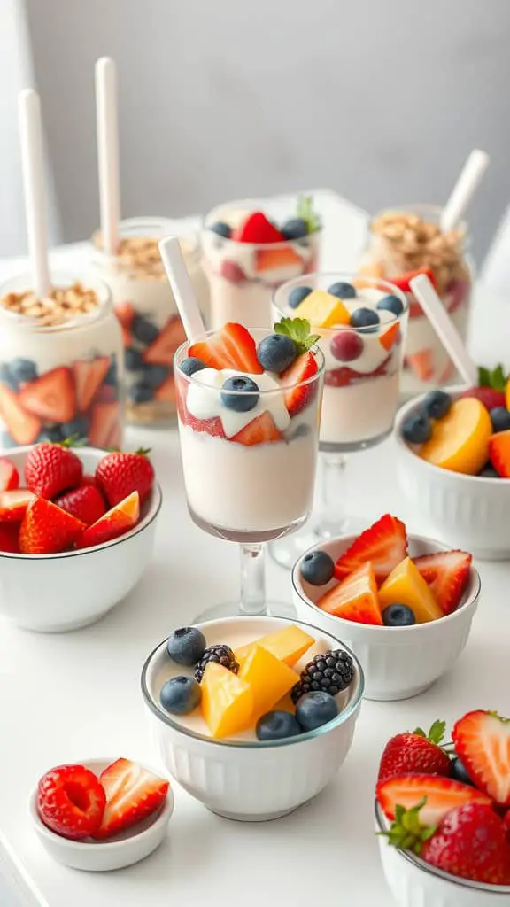 An assortment of fruit and yogurt parfaits displayed in glasses and bowls with fresh fruits.