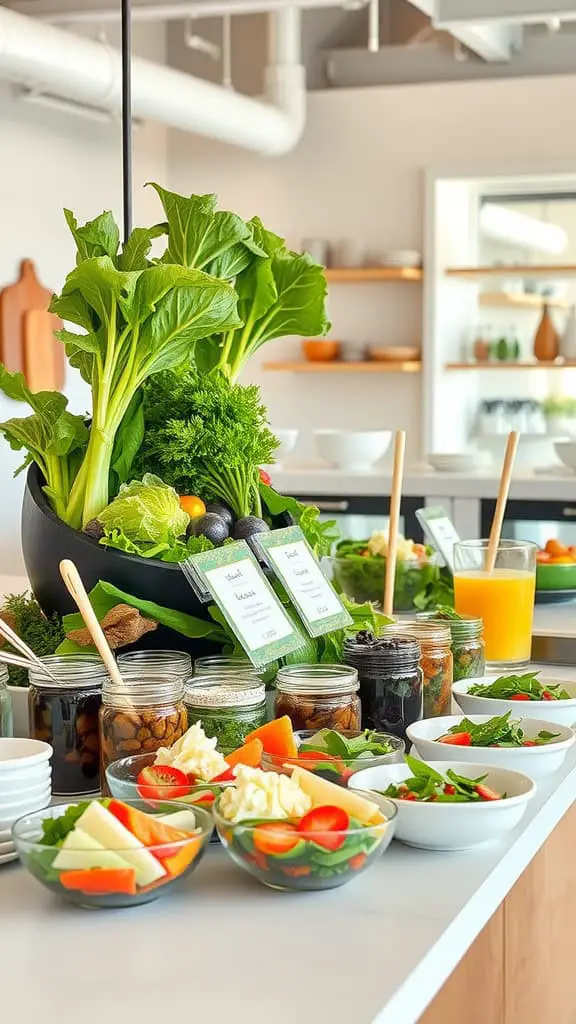 A DIY salad bar with fresh vegetables, toppings, and dressings displayed beautifully.