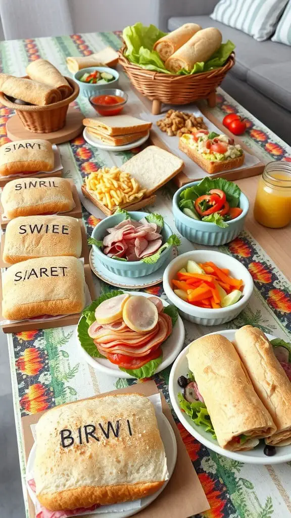 A table set up with a DIY sandwich and wrap bar featuring various breads, meats, vegetables, and condiments.