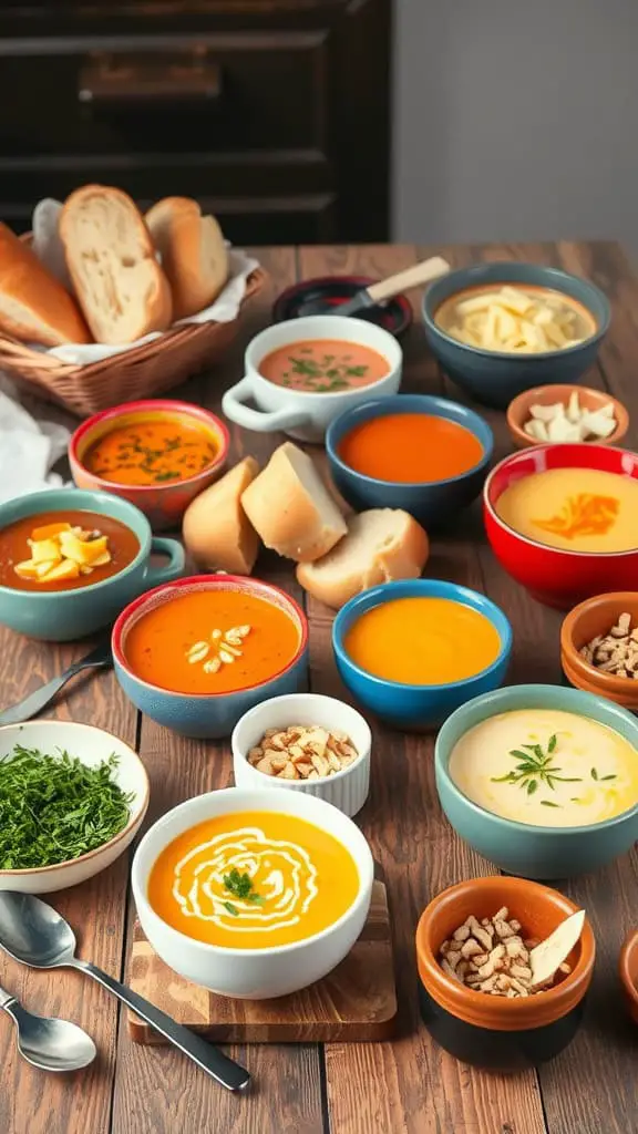 A cozy setup featuring various soups in colorful bowls and a basket of fresh bread on a wooden table.