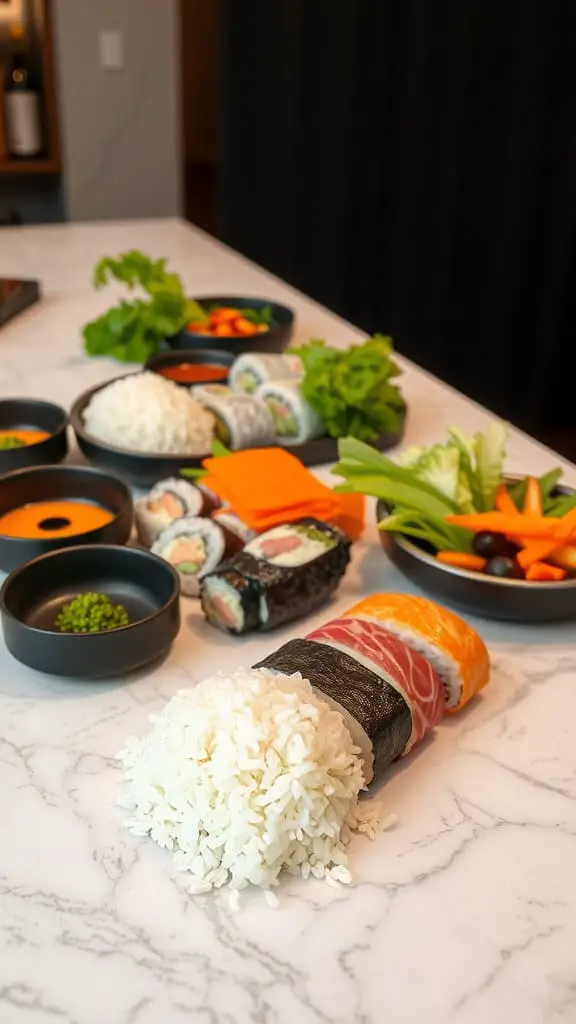 A DIY sushi roll bar setup with rice, sushi rolls, and fresh vegetables on a marble table.