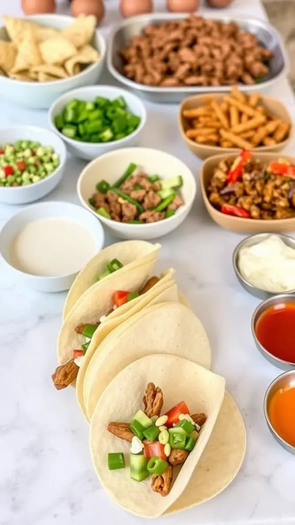 A DIY taco bites bar with tortillas, meats, and fresh toppings ready to be assembled