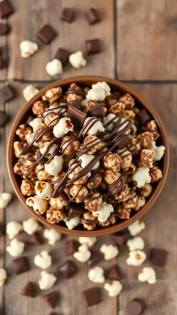 A bowl of double chocolate-covered popcorn with chocolate drizzles and chocolate pieces scattered around.