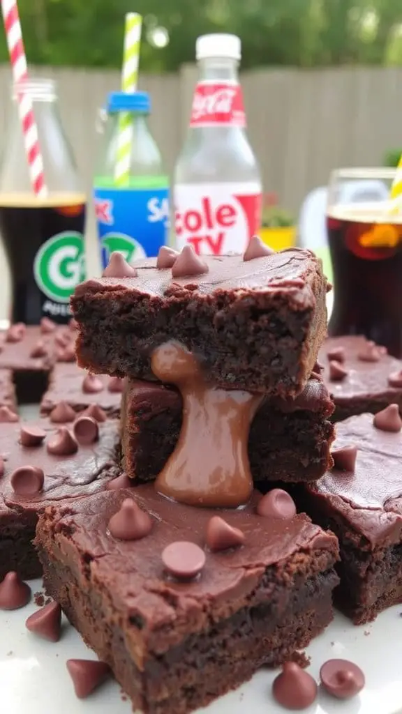 Delicious double chocolate chip brownies on a table with beverages in the background