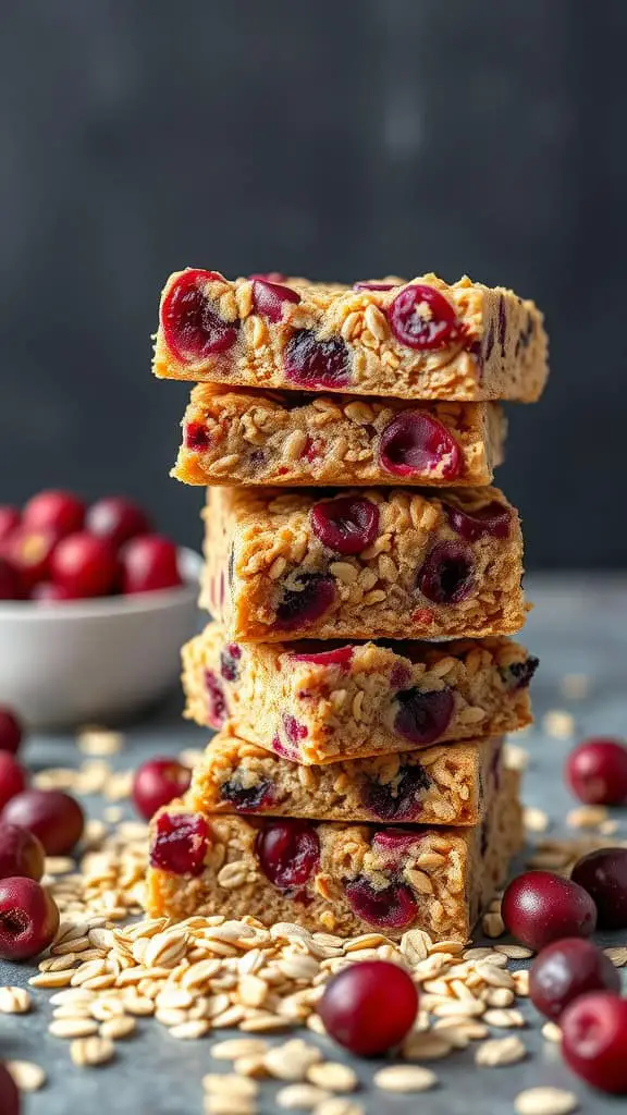 A stack of Double Cranberry Oatmeal Bars with fresh cranberries scattered around.