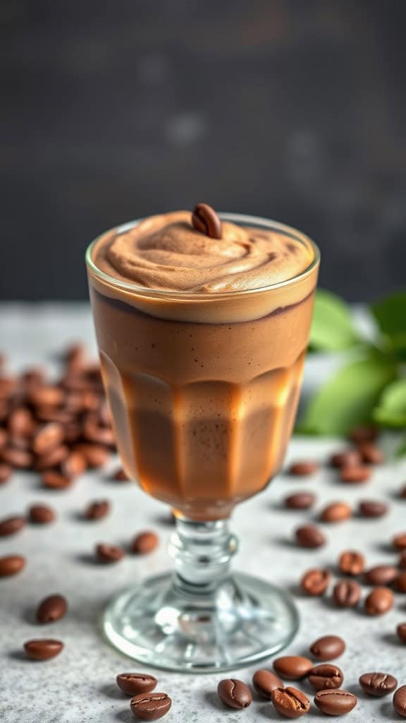 A glass of chocolate coffee mousse topped with a coffee bean, surrounded by coffee beans.