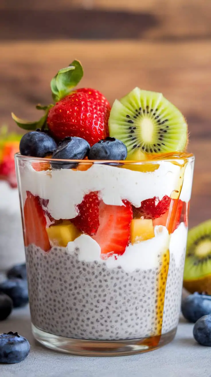 A glass of chia pudding layered with cottage cheese, fresh strawberries, blueberries, and kiwi.