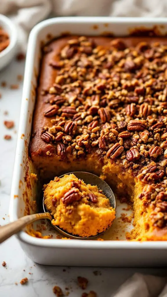 A freshly baked Dump Cake Pumpkin with a pecan crunch topping, showing a slice taken out with a spoon nearby.