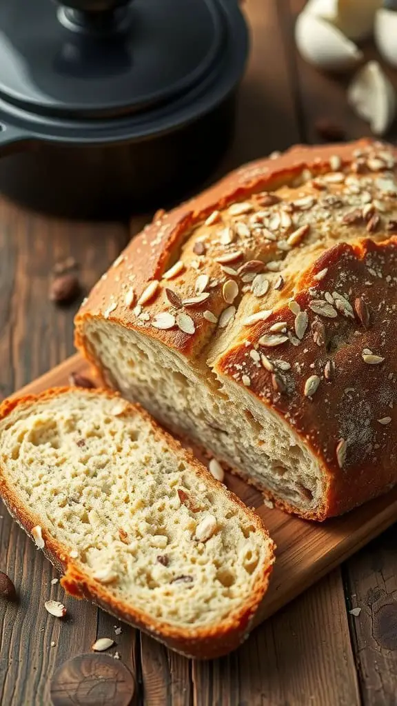 Freshly baked almond flour bread with a crispy crust, sliced and displayed on a wooden board.