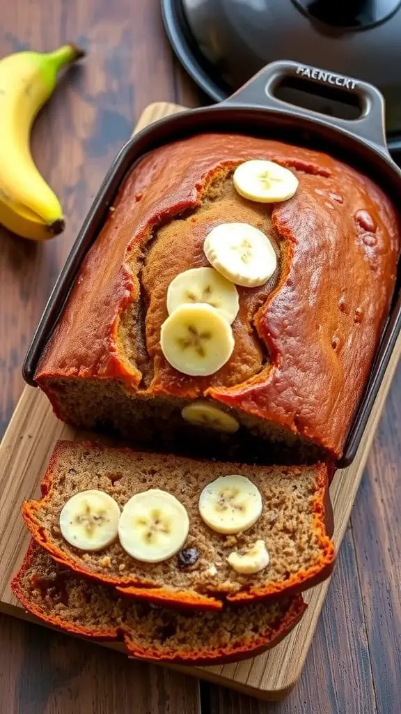 A loaf of banana bread sliced and topped with banana slices, next to a banana and a Dutch oven.