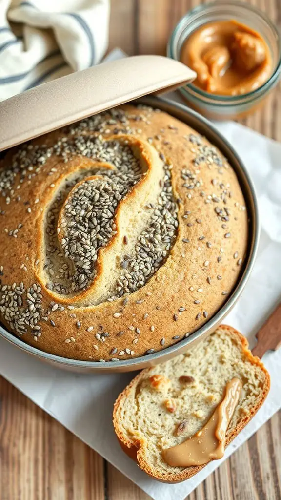 A freshly baked loaf of chia seed bread in a Dutch oven, with a slice spread with peanut butter.