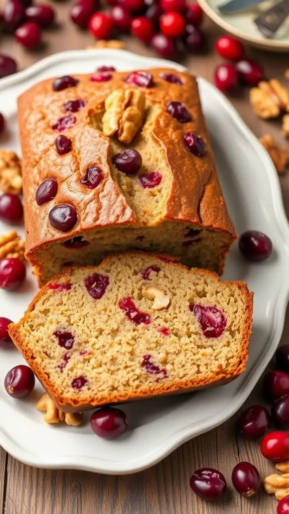 A loaf of cranberry walnut bread sliced on a white plate surrounded by cranberries and walnuts.