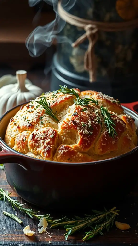 Freshly baked garlic and rosemary bread in a Dutch oven with herbs around it.