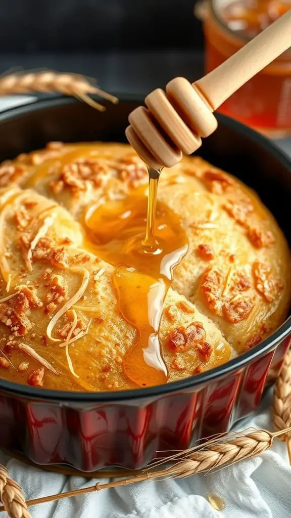 Freshly baked honey wheat bread in a Dutch oven with honey dripping on top