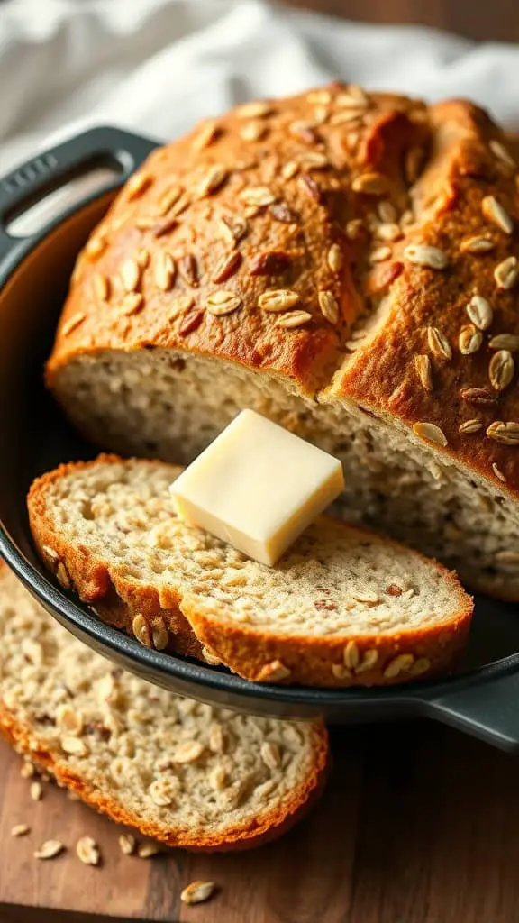 Freshly baked oatmeal bread in a Dutch oven with a slice buttered on top.