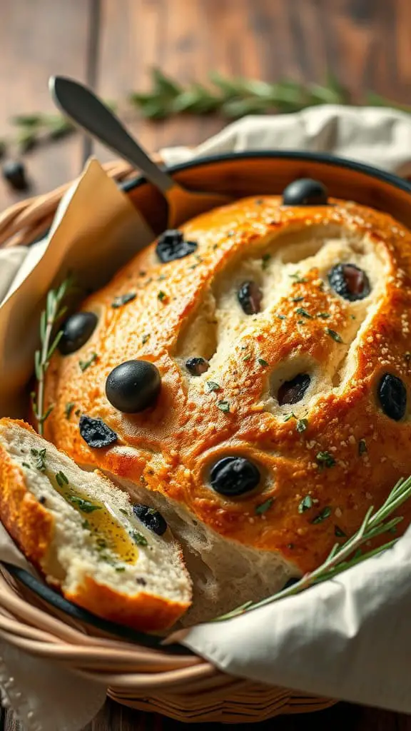 A freshly baked olive and herb bread in a basket, with a slice showing its soft interior.