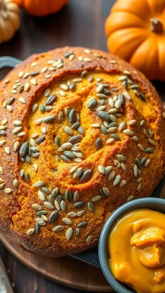 A loaf of pumpkin seed bread in a Dutch oven with a serving of pumpkin puree beside it.