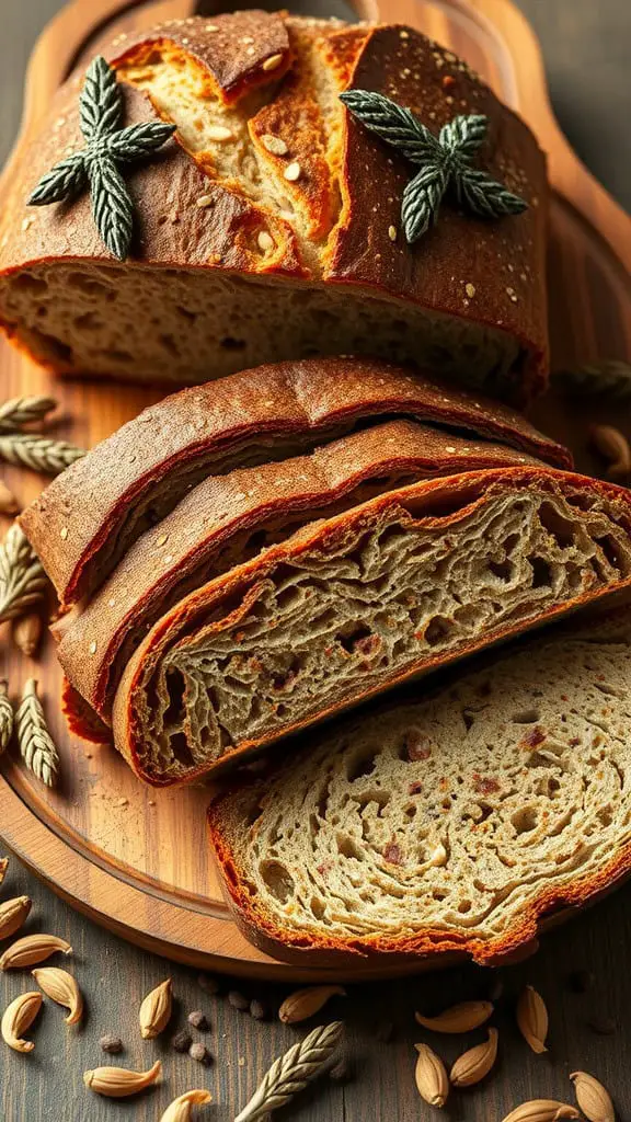 Freshly baked rye bread in a rustic setting with seeds and herbs.