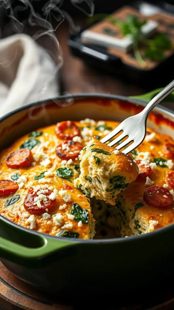 A freshly baked spinach and feta bread in a Dutch oven, showcasing a golden crust and vibrant toppings.