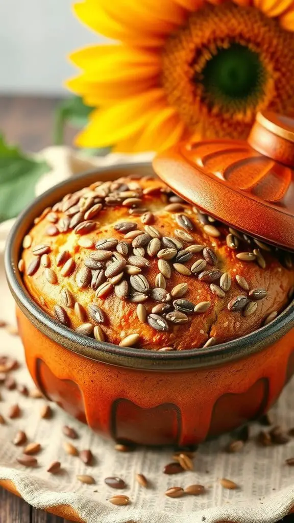 A freshly baked sunflower seed bread in a Dutch oven with a sunflower in the background.