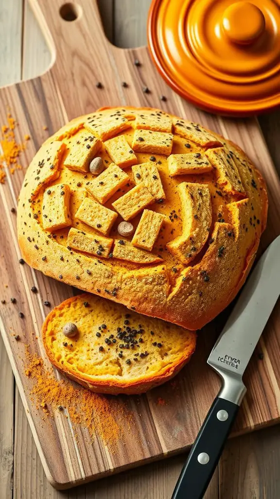 A loaf of turmeric and black pepper bread topped with small pieces, resting on a wooden cutting board with a knife beside it.