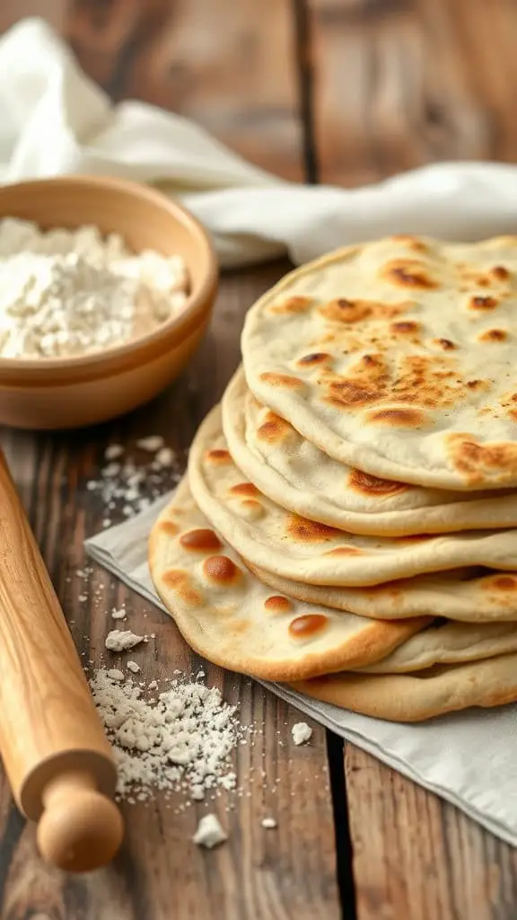 A stack of freshly made naan bread with a bowl of flour and a rolling pin on a wooden surface.