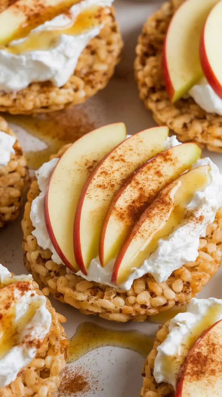 Close-up of rice cakes topped with cottage cheese and apple slices