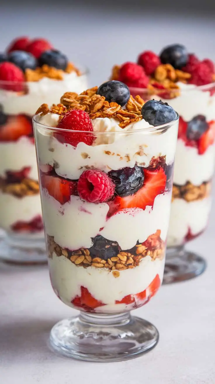 Three glass parfaits filled with layers of cottage cheese, berries, and granola.
