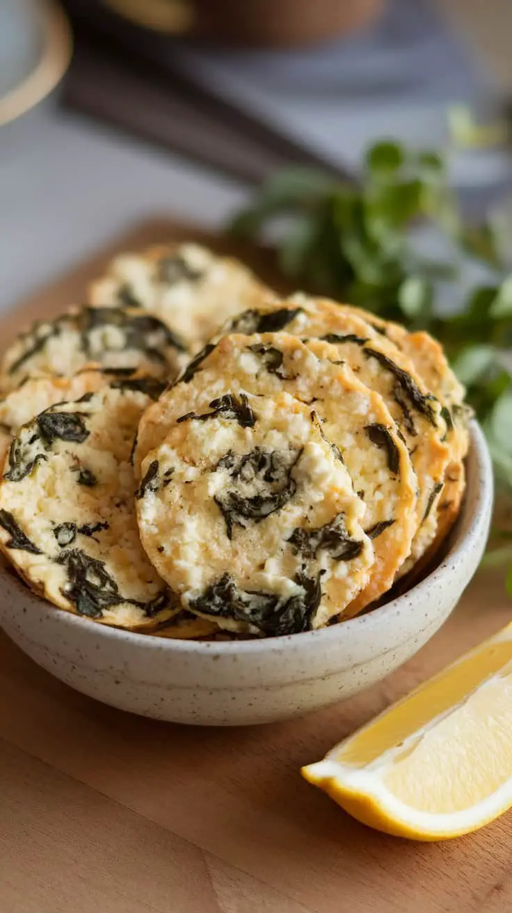 A bowl of cottage cheese and spinach crackers with a lemon slice